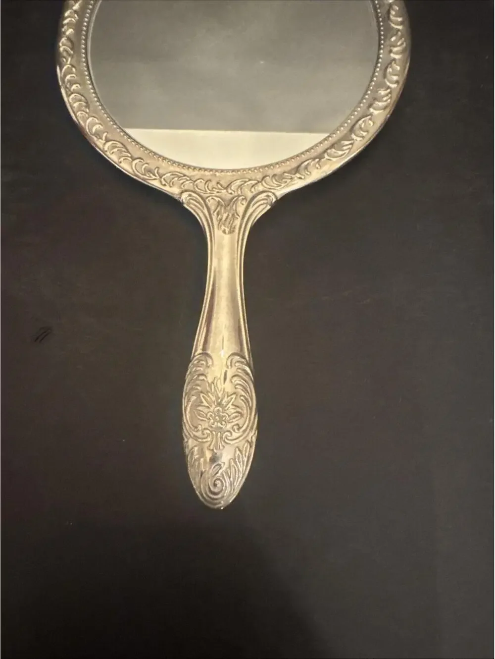 Antique Victorian Vanity Mirror Silver Plate Ornate Roses 9.25” x 5.5” VG Cond